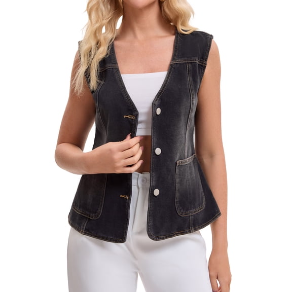 INSPIRE CHIC Women's Vest Denim V Neck Patch Pockets Button Down Sleeveless Jean Jacket L Black