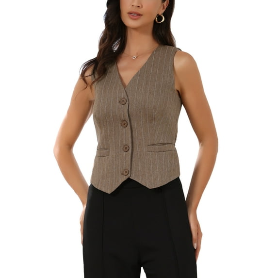INSPIRE CHIC Women's Vest V Neck Sleeveless Button Down Striped Trendy Waistcoat Casual Outfits XS Coffee