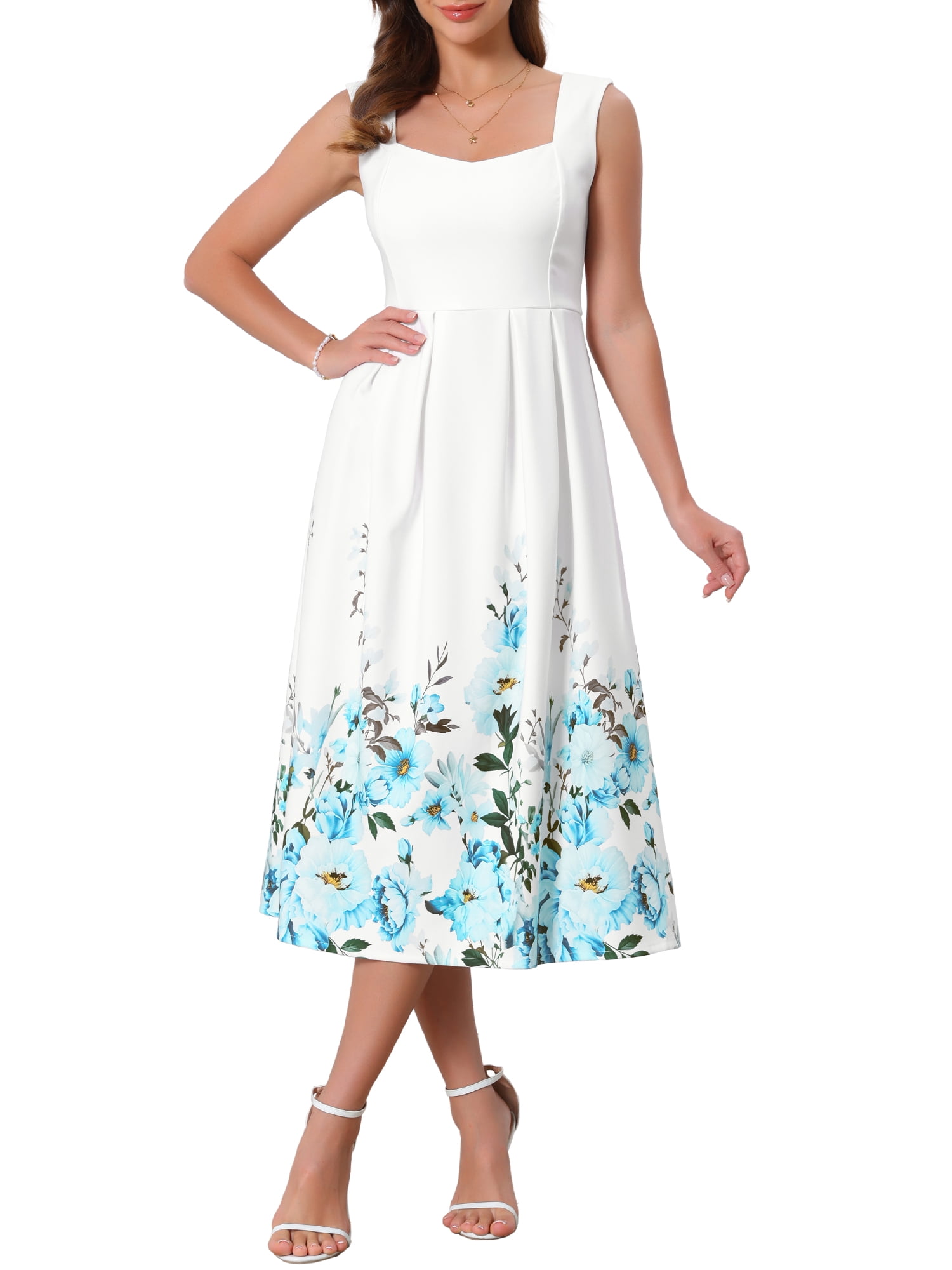 50s a line dress INSPIRE CHIC Women's Vintage Cocktail Sleeveless Square Neck Midi Floral A-Line Dresses 2XL White Blue Bust 31 7/8 (81 PROM-DRESS-COLLECTION KissProm Black Rhinestone One Color:Turquoise Blue