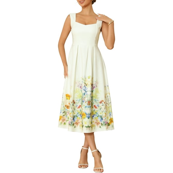 INSPIRE CHIC Women's Vintage 50s Dress Cocktail Sleeveless Square Neck Midi Floral A-Line Dresses S Beige