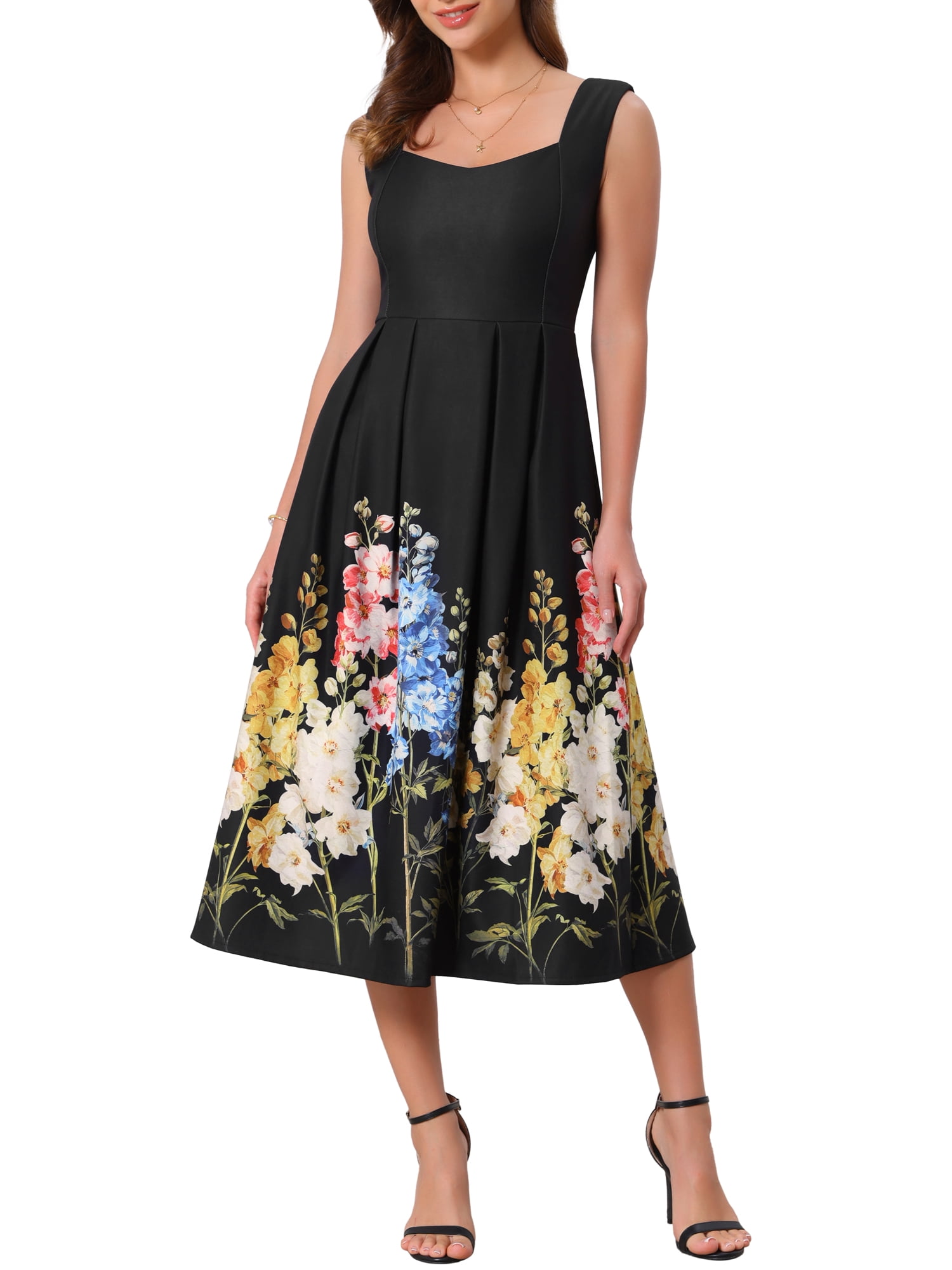 Inspire Chic Women's Vintage 50s Dress Cocktail Sleeveless Square Neck Midi Floral A-Line Dresses S Black, Size: Small, Beige
