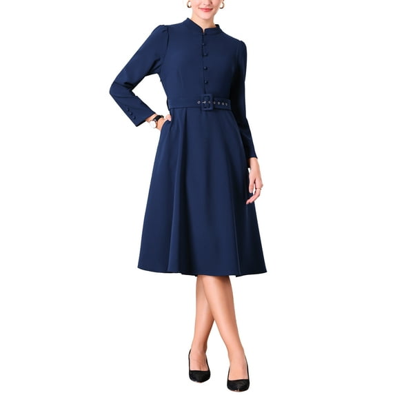 INSPIRE CHIC Women's Vintage A-Line Dress Collar Neck Long Sleeve Belted Work Flare Dresses S Navy Blue