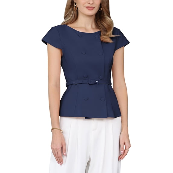 INSPIRE CHIC Women's Vintage Blouse Button Down Cap Sleeve Boat Neck Business Office Peplum Top with Belted L Navy Blue