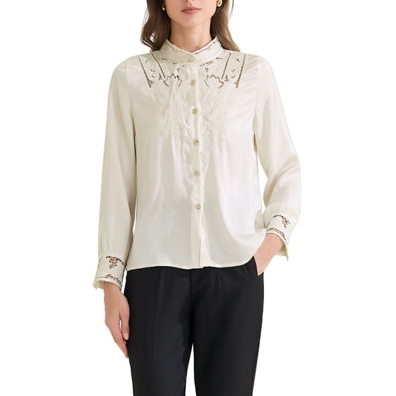 INSPIRE CHIC Women's Vintage Button Down Shirt Lace Patchwork Long Sleeve Stand Collar Business Casual Work Top XS Beige