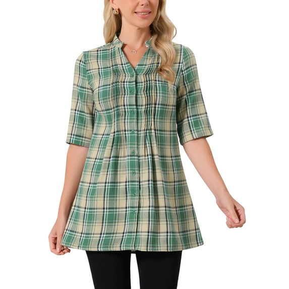 INSPIRE CHIC Women's Vintage Check Button Down Shirts V Neck 3/4 Sleeve Christmas Plaid Casual Tunic Blouse Top XL Green