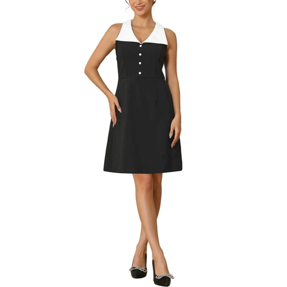 INSPIRE CHIC Women's Vintage Collared Dress Sleeveless Button Decor Evening Cocktail A-Line Mini Dresses S Black
