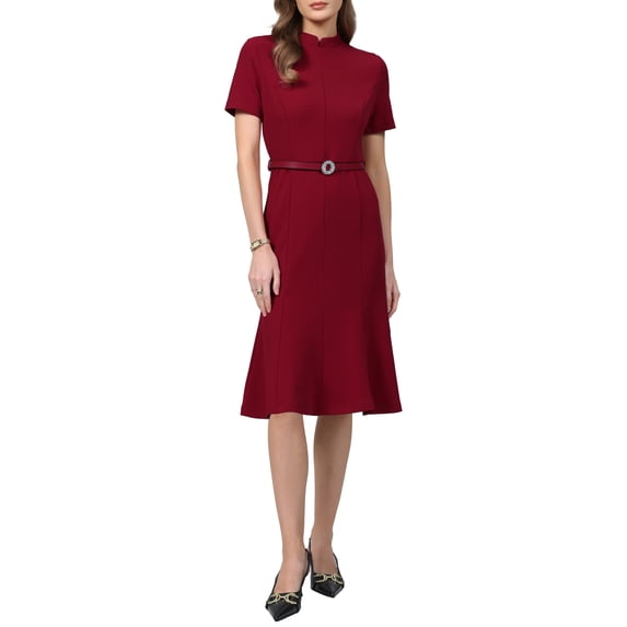INSPIRE CHIC Women's Vintage Mock Neck Dress Church Work Short Sleeve Fishtail Dresses with Belted 2XL Dark Red