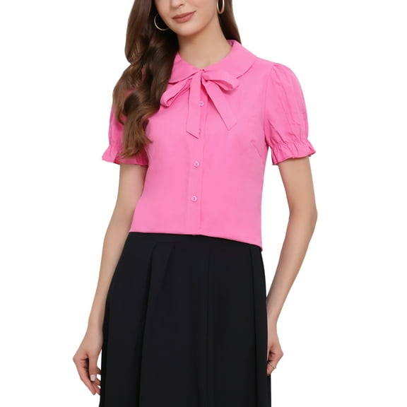 INSPIRE CHIC Women's Blouse Vintage Peter Pan Collar Tie Neck Casual Cute Cotton Button-Up Shirt XL Hot Pink