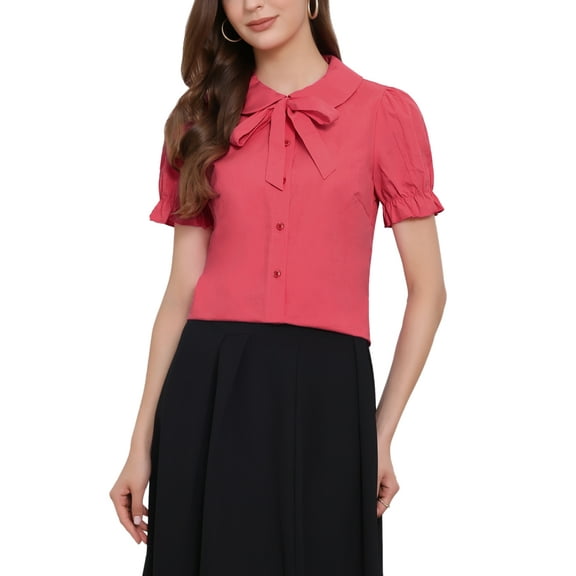 INSPIRE CHIC Women's Blouse Vintage Peter Pan Collar Tie Neck Casual Cute Cotton Button-Up Shirt XL Pastel Red