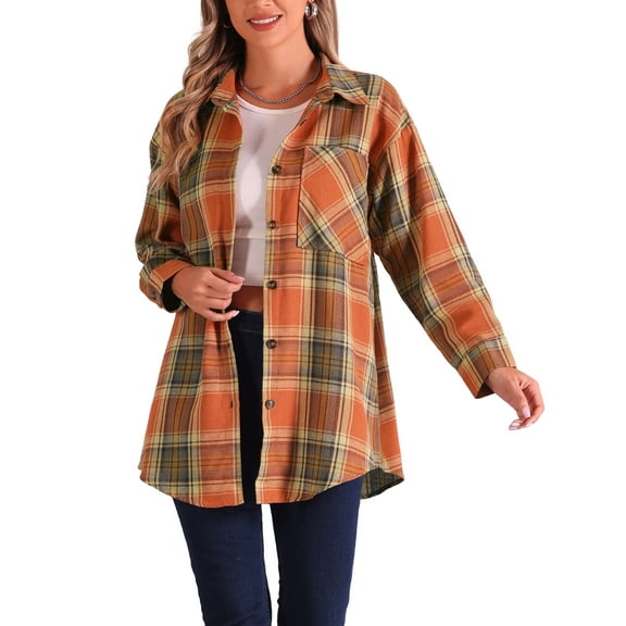INSPIRE CHIC Women's Vintage Plaid Flannel Shirt Long Sleeve Button Turn Down Collar Blouses Tops Casual Cardigan L Orange
