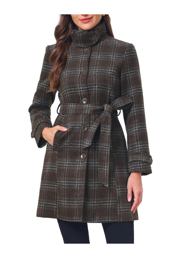 Women's Vintage Plaid Pea Coat Long Sleeve Stand Collar Belted Single Breasted M Brown