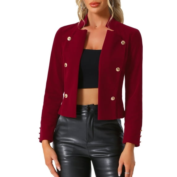 INSPIRE CHIC Women's Vintage Stand Collar Open Front  Button Decor Velvet Jacket S Wine Red
