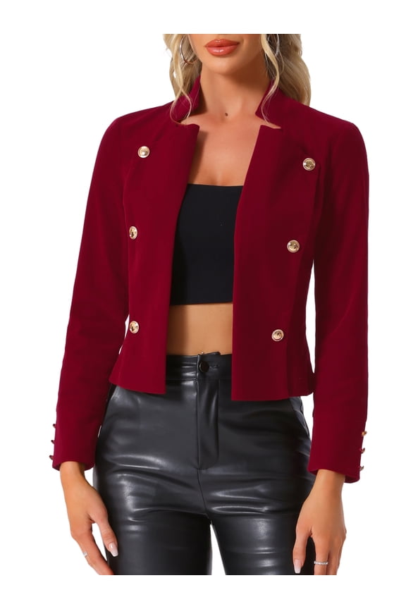 Women's Vintage Stand Collar Open Front  Button Decor Velvet Jacket XS Wine Red