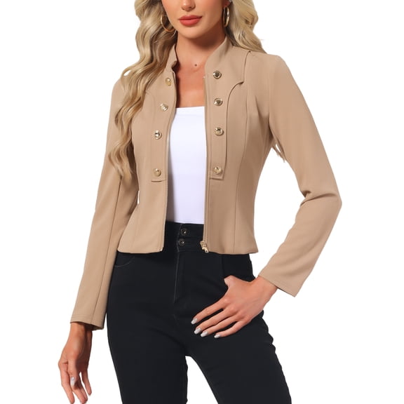 INSPIRE CHIC Women's Vintage Steampunk Stand Collar Button Decor Zip Up Blazer Jacket XS Khaki