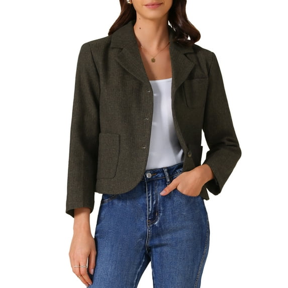 INSPIRE CHIC Women's Vintage Work Blazer Notched Lapel Long Sleeve One Button Office Suit Jacket S Brown