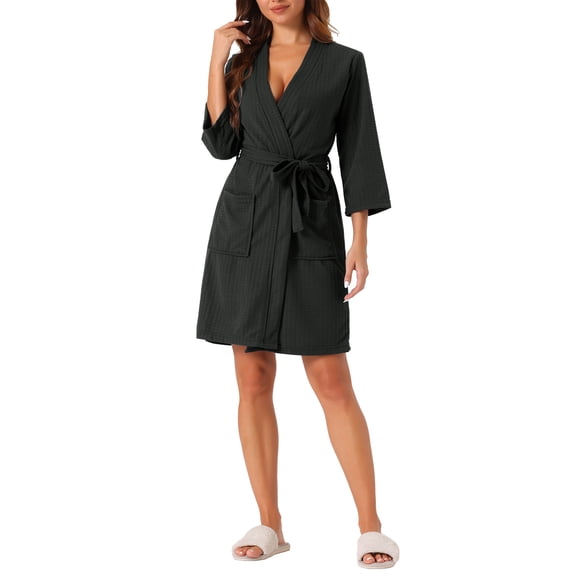 INSPIRE CHIC Women's Waffle Bathrobe Chenille Soft Kimono Spa & Bath Mid-Length Robes M Black