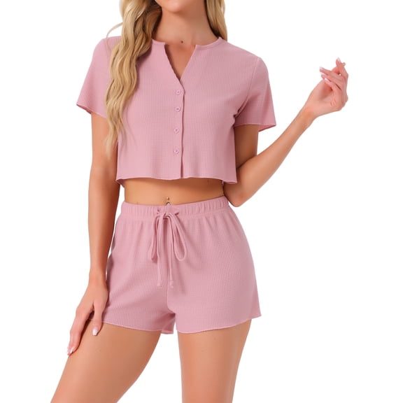 INSPIRE CHIC Women's Waffle Knit Button Down Pajamas Short Sleeve Crop Tops with Shorts 2 Piece Outfit Lounge Set L Pink