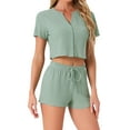 thumbnail image 1 of INSPIRE CHIC Women's Waffle Knit Button Down Pajamas Short Sleeve Crop Tops with Shorts 2 Piece Outfit Lounge Set S Green, 1 of 6