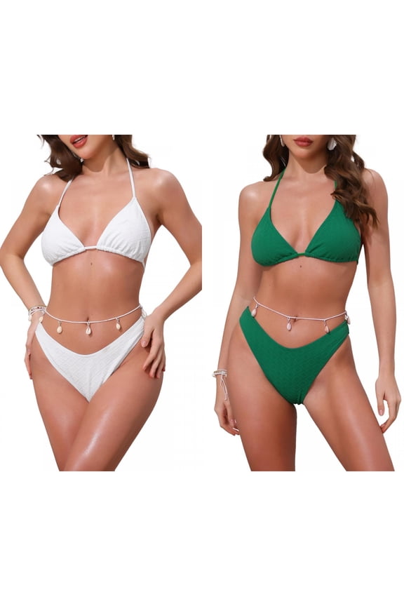Women's Waffle Knit Textured Halter Bikini Sets, 2 Piece Double Tie Top Triangle Bottom with Seashell Waist Rope Swimwear Suits 2 Sets Large White, Green