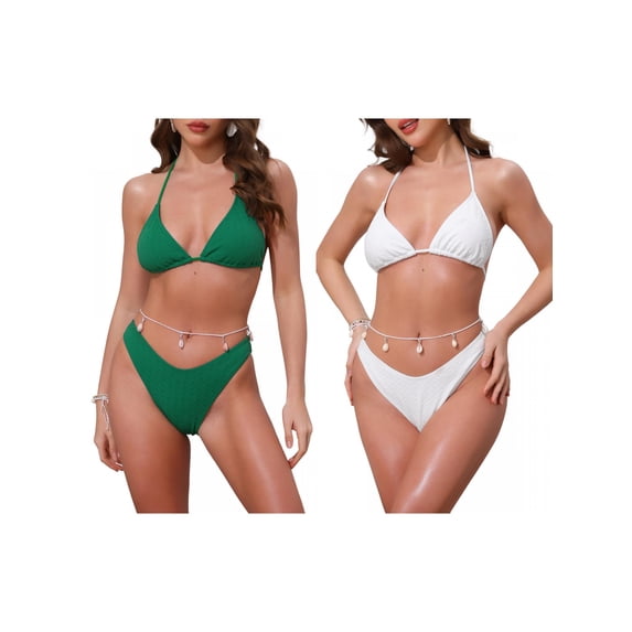Women's Waffle Knit Textured Halter Bikini Sets 2 Piece Double Tie Top Triangle Bottom with Seashell Waist Rope Swimwear Suits 2 Sets Small White, Green