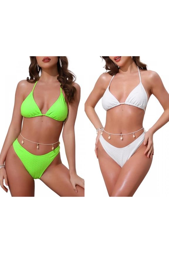 Women's Waffle Knit Textured Halter Bikini Sets 2 Piece Double Tie Top Triangle Bottom with Seashell Waist Rope Swimwear Suits 2 Sets X-Large White, Fluorescent Green
