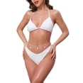 thumbnail image 1 of INSPIRE CHIC Women's Waffle Knit Textured Halter Bikini Sets 2 Piece Double Tie Top Triangle Bottom with Seashell Waist Rope Swimwear Suits Small White, 1 of 5