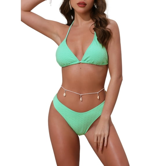 INSPIRE CHIC Women's Waffle Knit Textured Halter Bikini Sets, 2 Piece Double Tie Top Triangle Bottom with Seashell Waist Rope Swimwear Suits X-Large Mint Green
