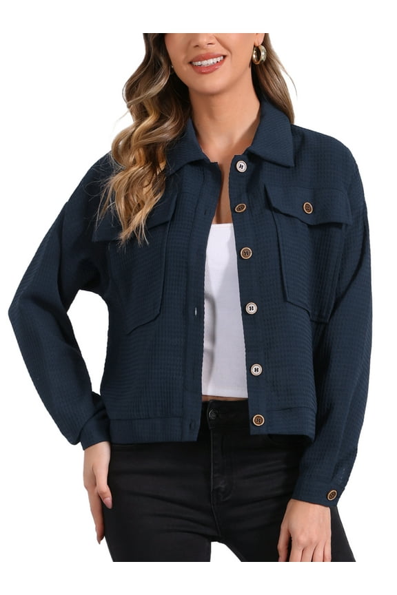 Women's Waffle Shacket Jacket Drop Shoulder Pocket Collared Shirt Jackets M Dark Blue