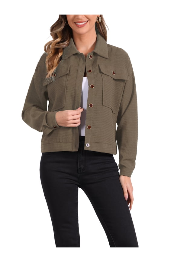 Women's Waffle Shacket Jacket Drop Shoulder Pocket Collared Shirt Jackets XS Brown