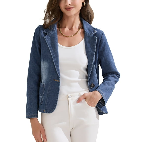 INSPIRE CHIC Women's Washed Denim Blazer Casaul Office Jean Notched Lapel Jackets XS Blue