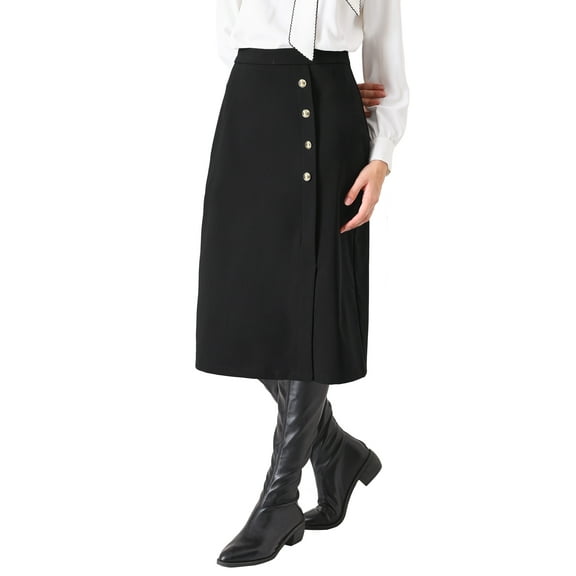 INSPIRE CHIC Women's Wear to Work Pencil Skirt Elastic High Waist Button Decor Midi Skirts L Black