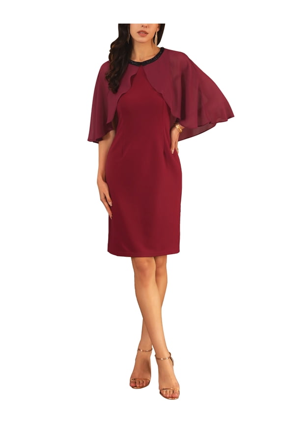Women's Wedding Guest Dress Beaded Crewneck Cocktail Chiffon Cape Dress 2XL Burgundy