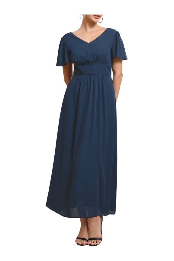 Women's Wedding Guest Dress Chiffon V Neck Pleated A-Line Maxi Formal Coctkail Dresses 2XL Pink