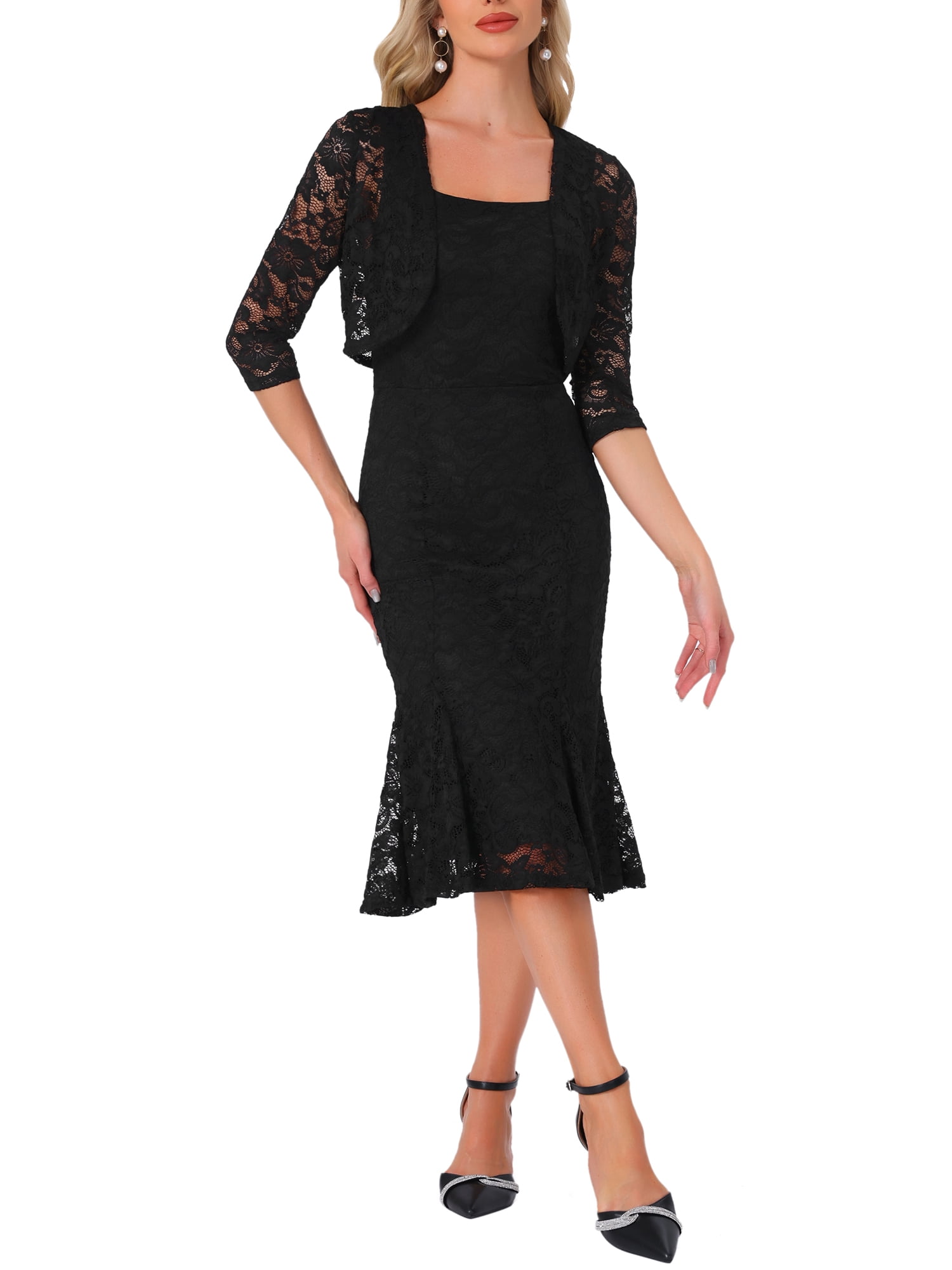Inspire Chic Women's Wedding Guest Dress Evening Outfits 2 Pieces Sleeveless Dresses with Shrug M Black