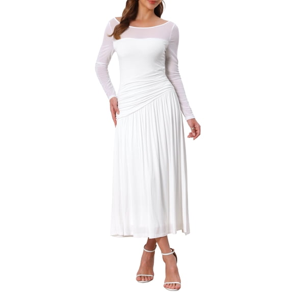 INSPIRE CHIC Women's Wedding Guest Dress Pleats Ruched Long Sleeve Crewneck Evening Maxi Flowy Dress M White