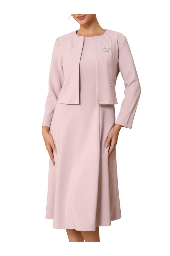 Women's Wedding Guest Suit Dress Two Pieces Sets Formal Sleeveless Dress and Crop Blazer Shrug L Pink