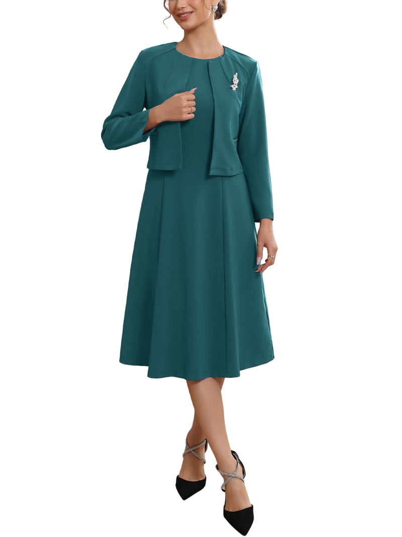 Inspire Chic Women's Wedding Guest Suit Dress Two Pieces Sets Formal Sleeveless Dress and Crop Blazer Shrug M Blue Green, Size: Medium, Pink