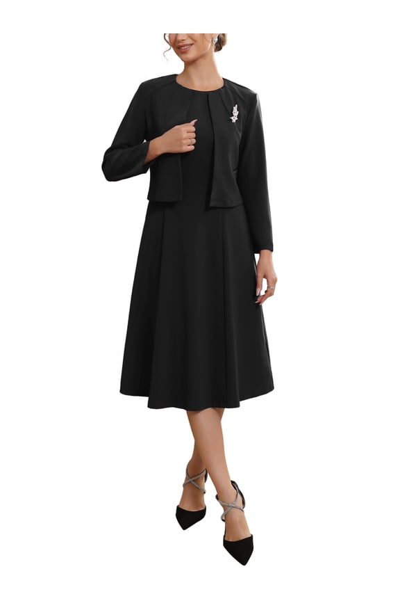 Women's Wedding Guest Suit Dress Two Pieces Sets Formal Sleeveless Dress and Crop Blazer Shrug S Black