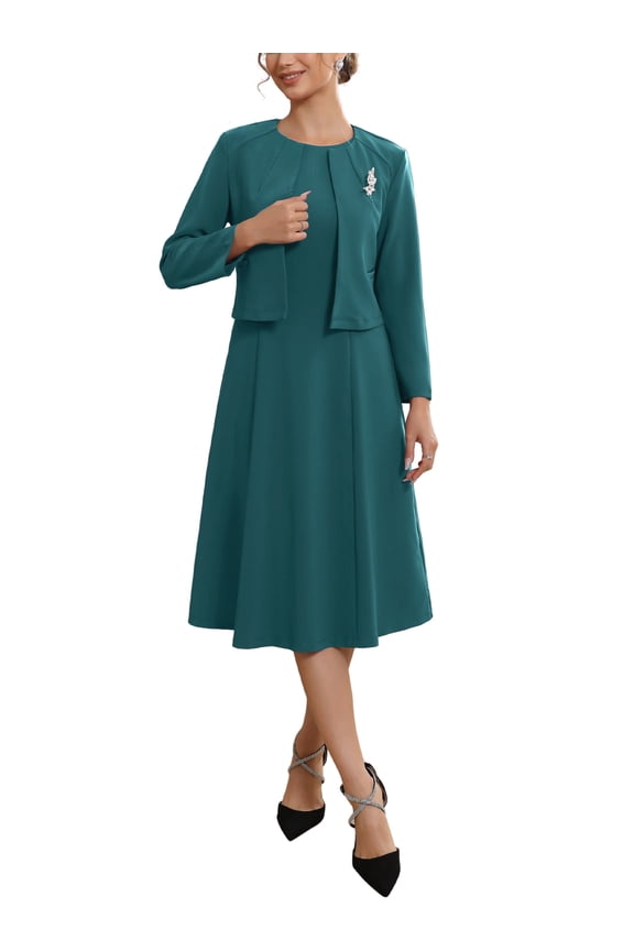 Women's Wedding Guest Suit Dress Two Pieces Sets Formal Sleeveless Dress and Crop Blazer Shrug S Blue Green