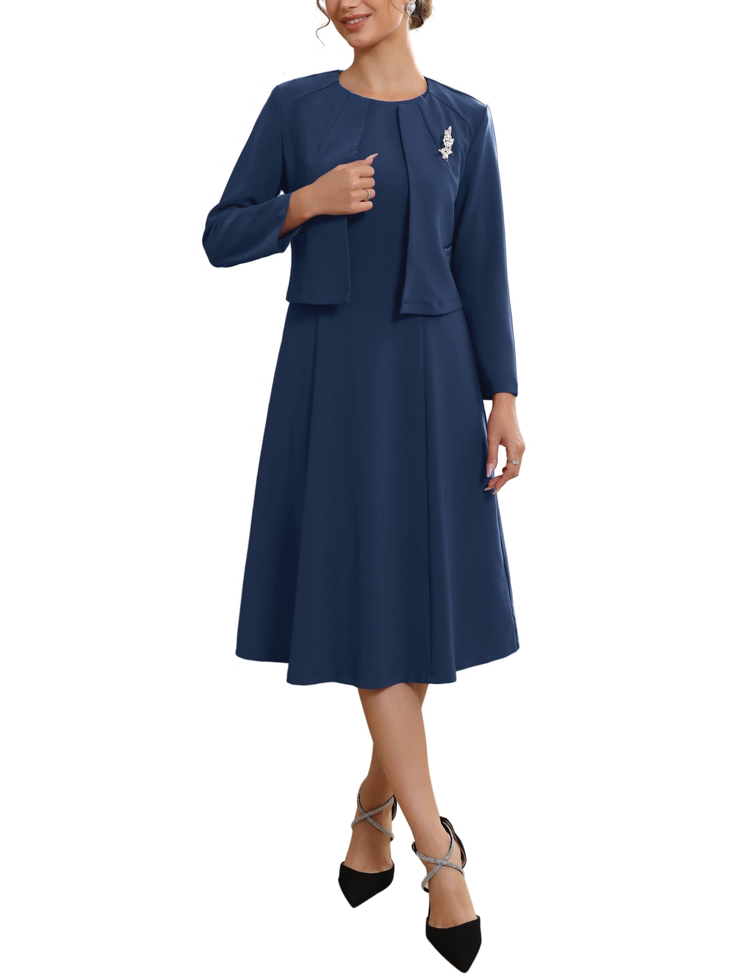 Inspire Chic Women's Wedding Guest Suit Dress Two Pieces Sets Formal Sleeveless Dress and Crop Blazer Shrug S Dark Blue, Size: Small, Pink