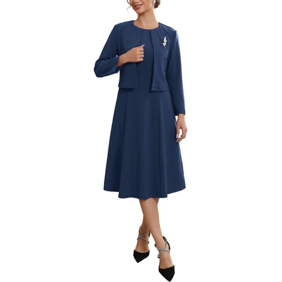 INSPIRE CHIC Women's Wedding Guest Suit Dress Two Pieces Sets Formal Sleeveless Dress and Crop Blazer Shrug XL Dark Blue