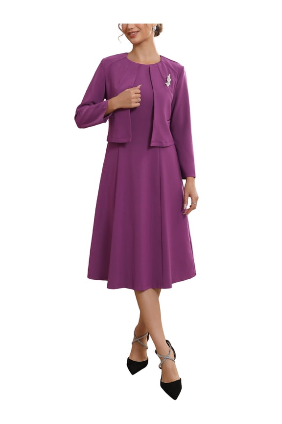 Women's Wedding Guest Suit Dress Two Pieces Sets Formal Sleeveless Dress and Crop Blazer Shrug XL Dark Purple