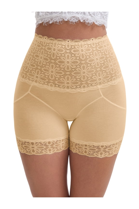 Women's Wide Lace Trim High-Waisted Shaping Panties Tummy Control Butt-Lifting Breathable Shapewear L Beige
