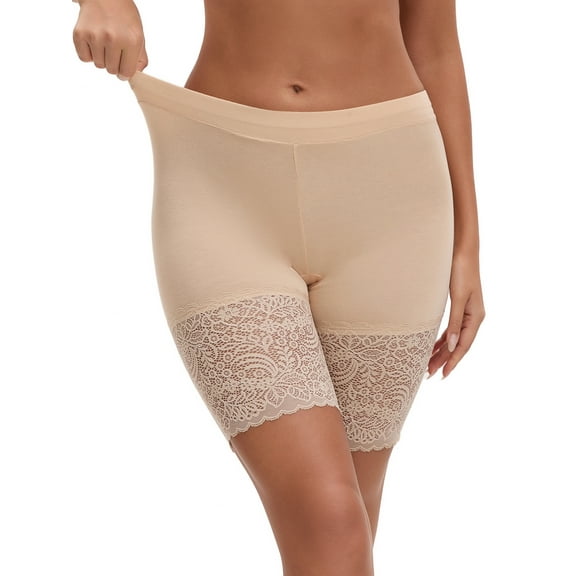 INSPIRE CHIC Women's Wide Lace Trim Slip Shorts Lightweight Comfort Thigh Slimmers, Available in Plus Size Beige M