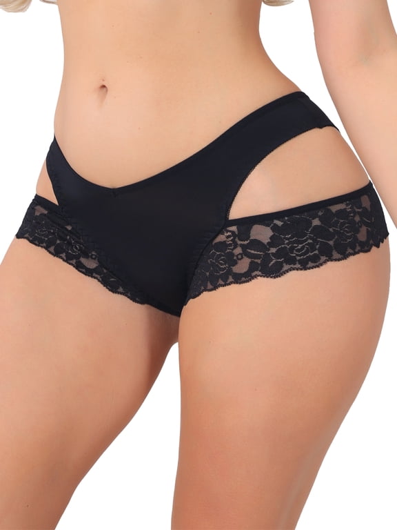 Women's Wide Lace Trim Thong V-Cut Ice Silk Mid Rise T-Back Seamless Underwear M Black