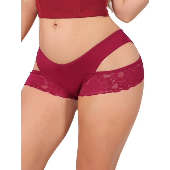 INSPIRE CHIC Women's Wide Lace Trim Thong V-Cut Ice Silk Mid Rise T-Back Seamless Underwear M Red
