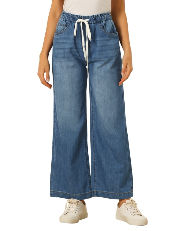Women's Wide Leg Jeans Drawstring Elastic Waist Casual Denim Pants with Pockets Blue 3XL