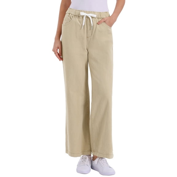 INSPIRE CHIC Women's Wide Leg Denim Pants Drawstring Elastic Waist Casual Jeans with Pockets L Khaki