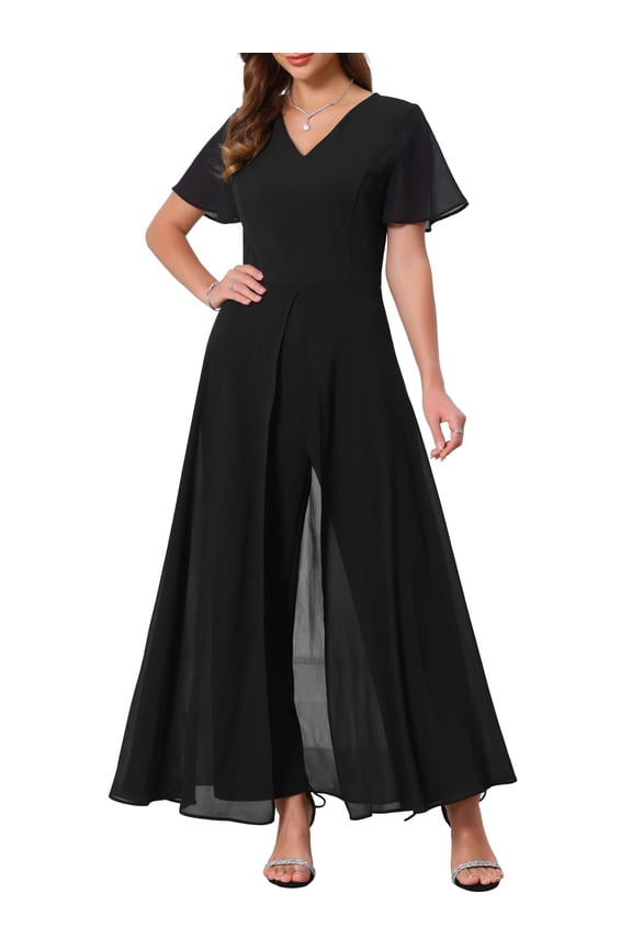 Women's Wide Leg Jumpsuits Chiffon Cocktail Dressy Short Sleeves V Neck Jumpsuit Pants 2XL Black