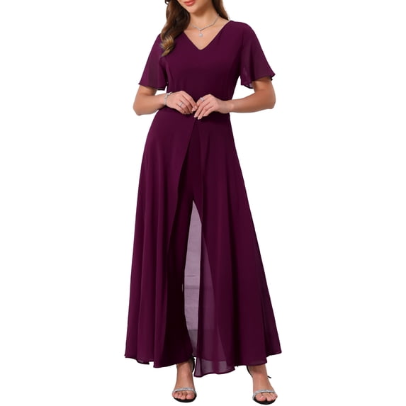 INSPIRE CHIC Women's Wide Leg Jumpsuits Chiffon Cocktail Dressy Short Sleeves V Neck Jumpsuit Pants 2XL Burgundy